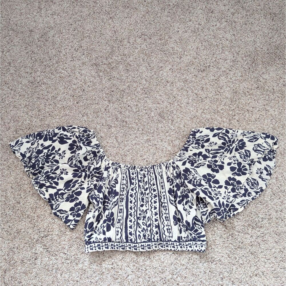 Angie 100% Rayon Navy & Cream Puff Sleeve Crop Top Boho Peasant Blouse Small